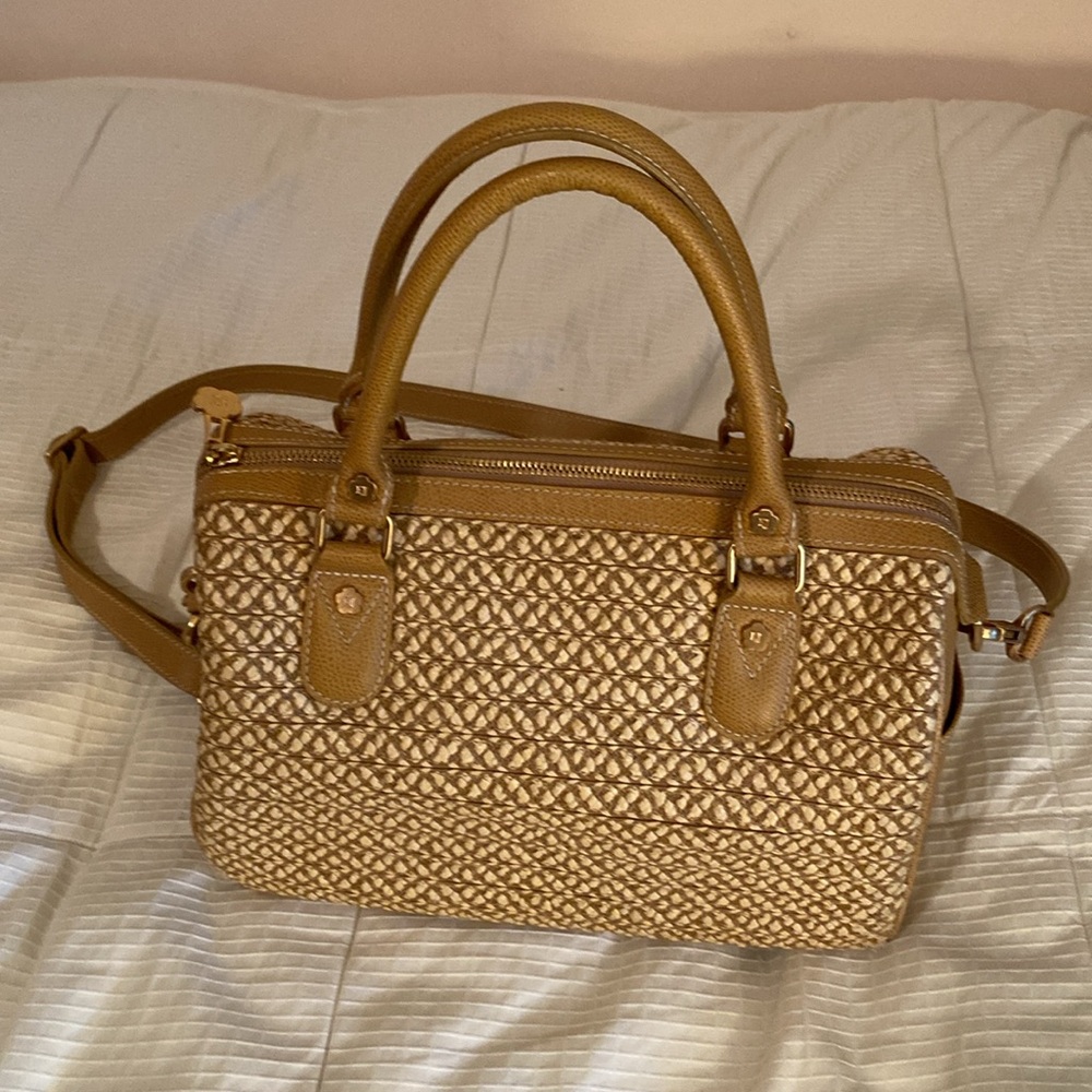 Eric Javits Tan Woven Satchel with Camel Trim and Dual Handles